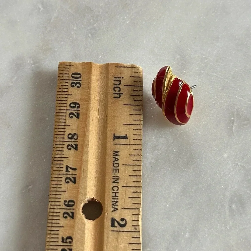 Vintage Earrings Gold Tone Cherry Red Enamel Studs Croissant Shell Shape